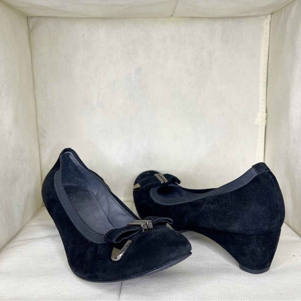 Stuart Weitzman Black Kitten‎ Wedge Suede Bow Dress Shoes size 8.5